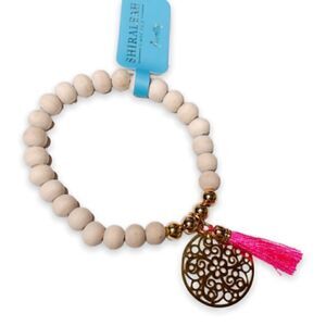 Shiraleah Bali Boho Wood Bead Tassel Pink Bracelet